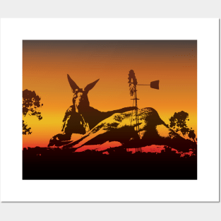 The Australian Native Animal Series: Kangaroo - The Iconic Marsupial & Bush Windmill with the Sunset Colors of Golden Hour Posters and Art